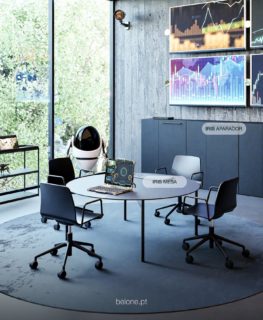 En esta oficina destacan la piedra, el hormigón y el acero negro, materiales que confieren un carácter discreto durante el día y una atmósfera envolvente y sutil al atardecer. La mesa redonda y los armarios de la colección IRIS complementan este escenario, reforzando la sobriedad y elegancia deseadas.