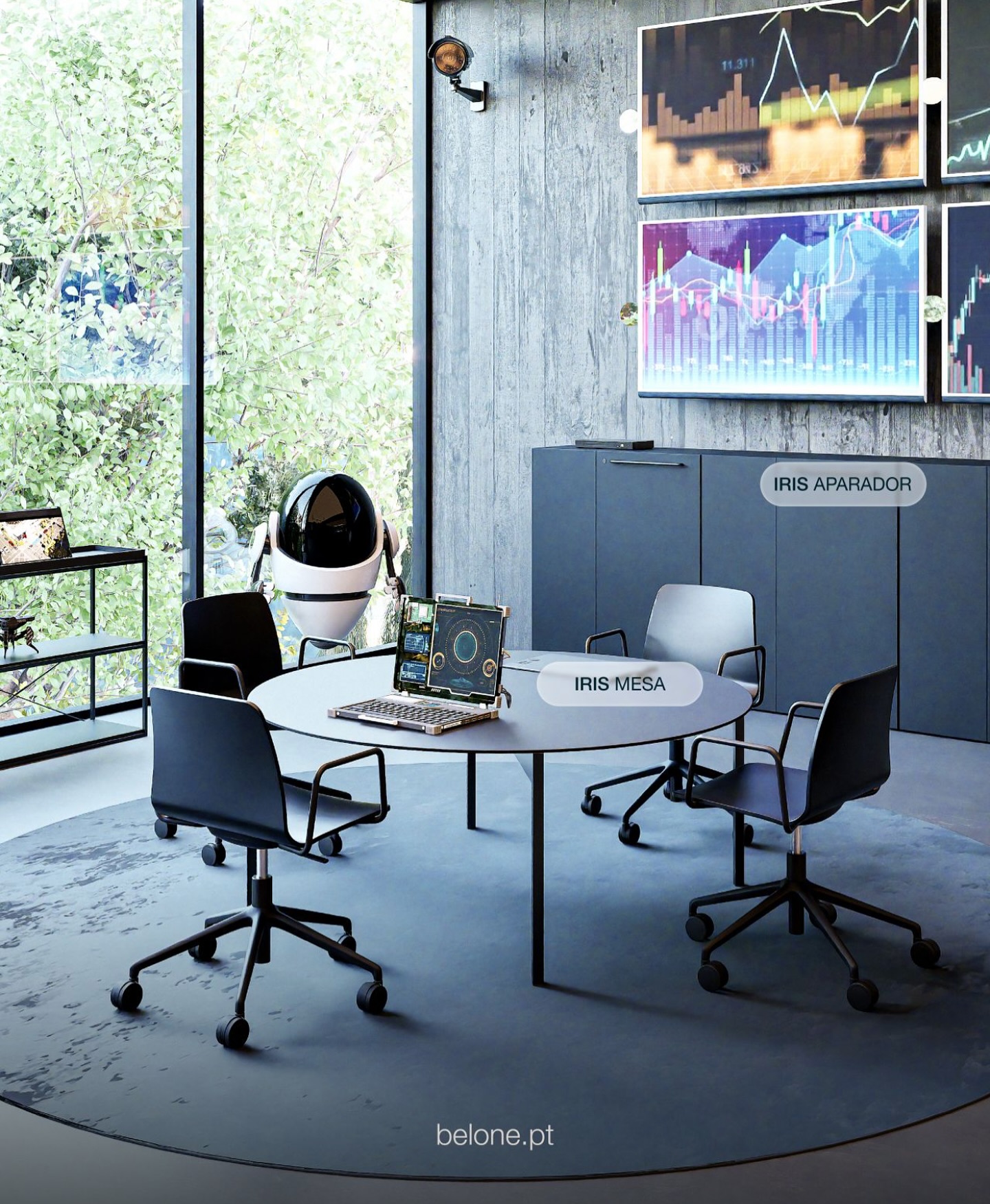 En esta oficina destacan la piedra, el hormigón y el acero negro, materiales que confieren un carácter discreto durante el día y una atmósfera envolvente y sutil al atardecer. La mesa redonda y los armarios de la colección IRIS complementan este escenario, reforzando la sobriedad y elegancia deseadas.