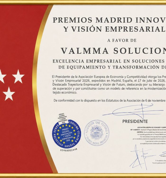 VALMMA Soluciones ha sido reconocida en los Premios Madrid Innovación y Visión Empresarial 2026 por su excelencia empresarial en soluciones integrales de equipamiento y transformación de espacios.