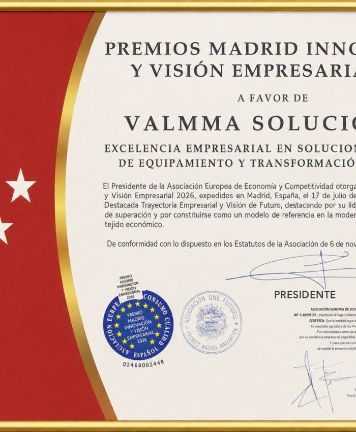 VALMMA Soluciones ha sido reconocida en los Premios Madrid Innovación y Visión Empresarial 2026 por su excelencia empresarial en soluciones integrales de equipamiento y transformación de espacios.